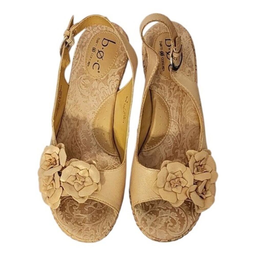 Born b.o.c Gold Floral Slingback Wedge Sandals Comfort Cork Heel Shoes Size 10